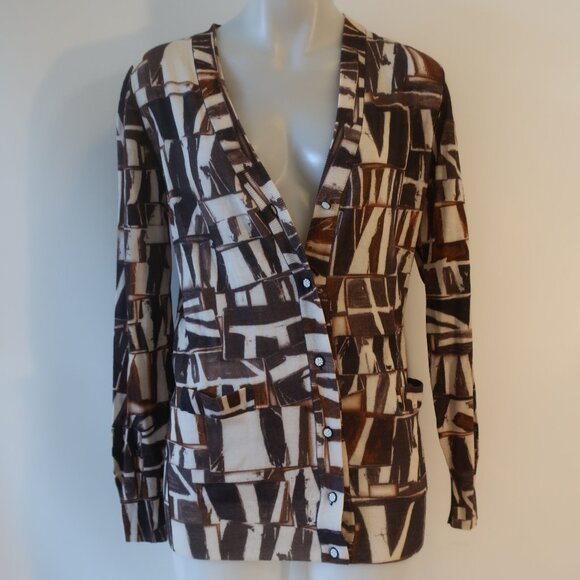 NWT Oscar De La Renta 100% Wool Brown, BeigeButton Down Cardigan Sweater S